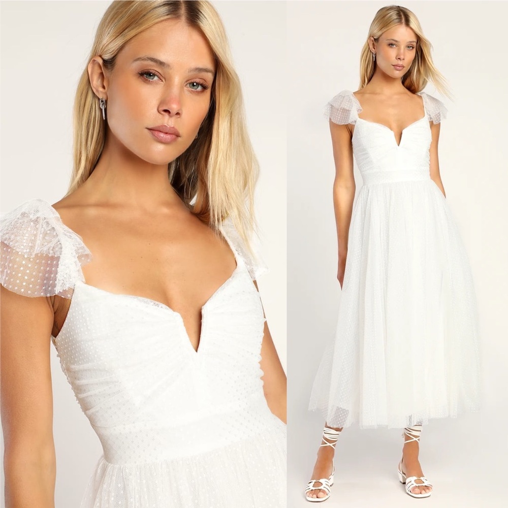 Lulu's White Swiss Dot Midi Dress - Picture 3 of 12